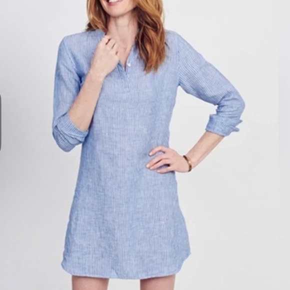 UNTUCKit Constantia 100% Linen Blue Stripe Shirt dress size 18 NWT - Picture 1 of 10